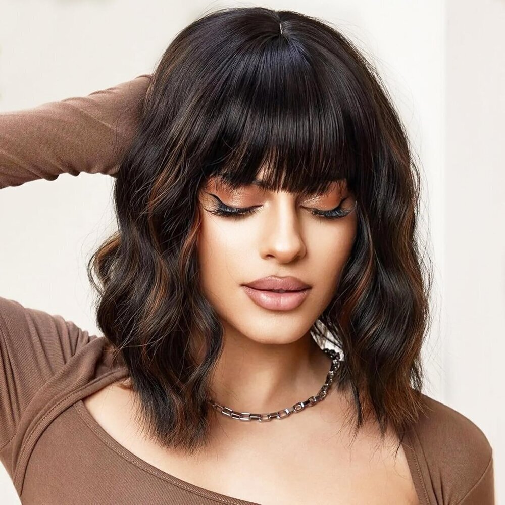 Women's Brown Highlight 14 Inch Short Pastel Curly Shoulder Length Synthetic Wig